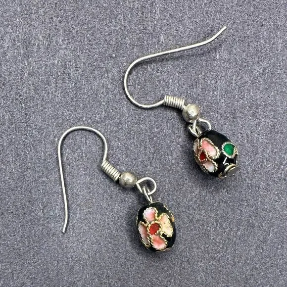 Vintage Cloisonné Enamel Bead Earrings Black Floral Drop Dangles Hand-Painted - Picture 2 of 11